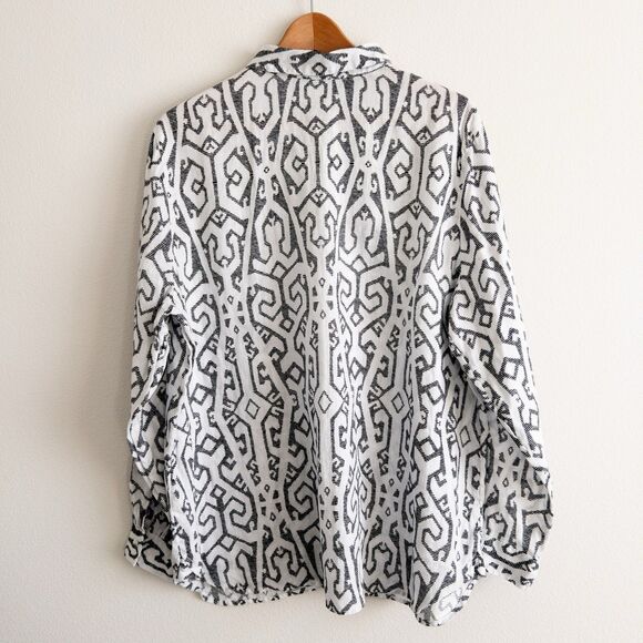 J Jill Love Linen White & Black Patterned Button Up Size L Coastal Lagenlook - Picture 2 of 12